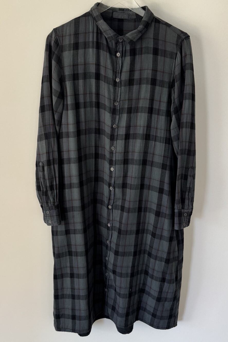 CP Shades Maxi Plaid Cotton Shirt Dress Large Black Gray Long Sleeve Pockets